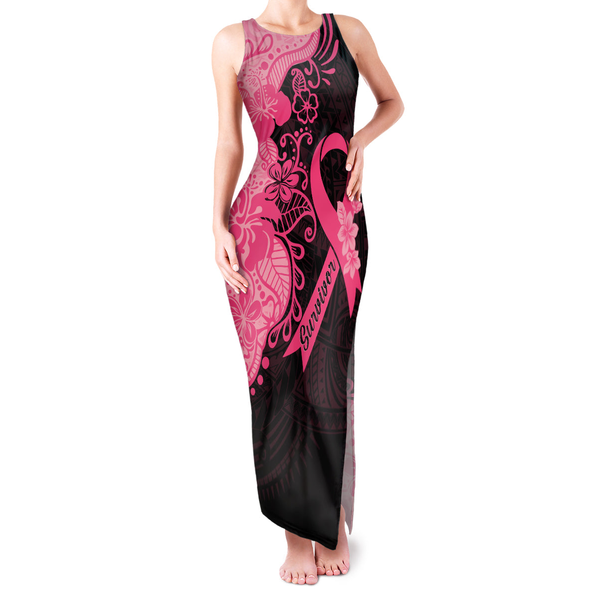 Polynesian Family Matching Tank Maxi Dress and Hawaiian Shirt Plumeria Breast Cancer Awareness Survivor Ribbon Pink - Wonder Print Shop