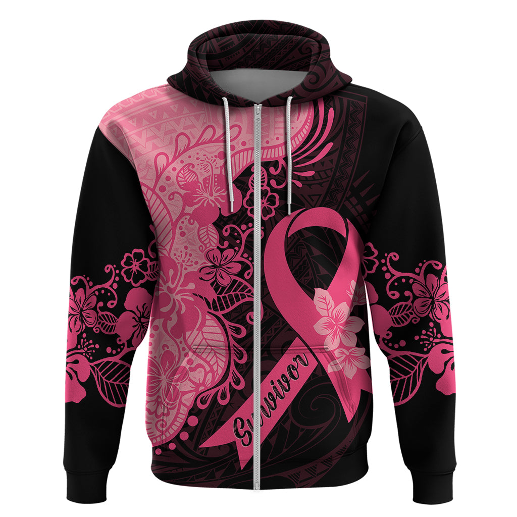 Polynesian Hoodie Plumeria Breast Cancer Awareness Survivor Ribbon Pink - Wonder Print Shop
