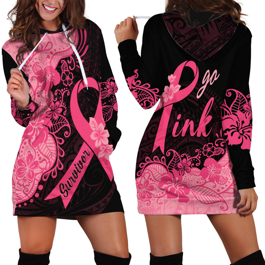 Polynesian Hoodie Dress Plumeria Breast Cancer Awareness Survivor Ribbon Pink - Wonder Print Shop