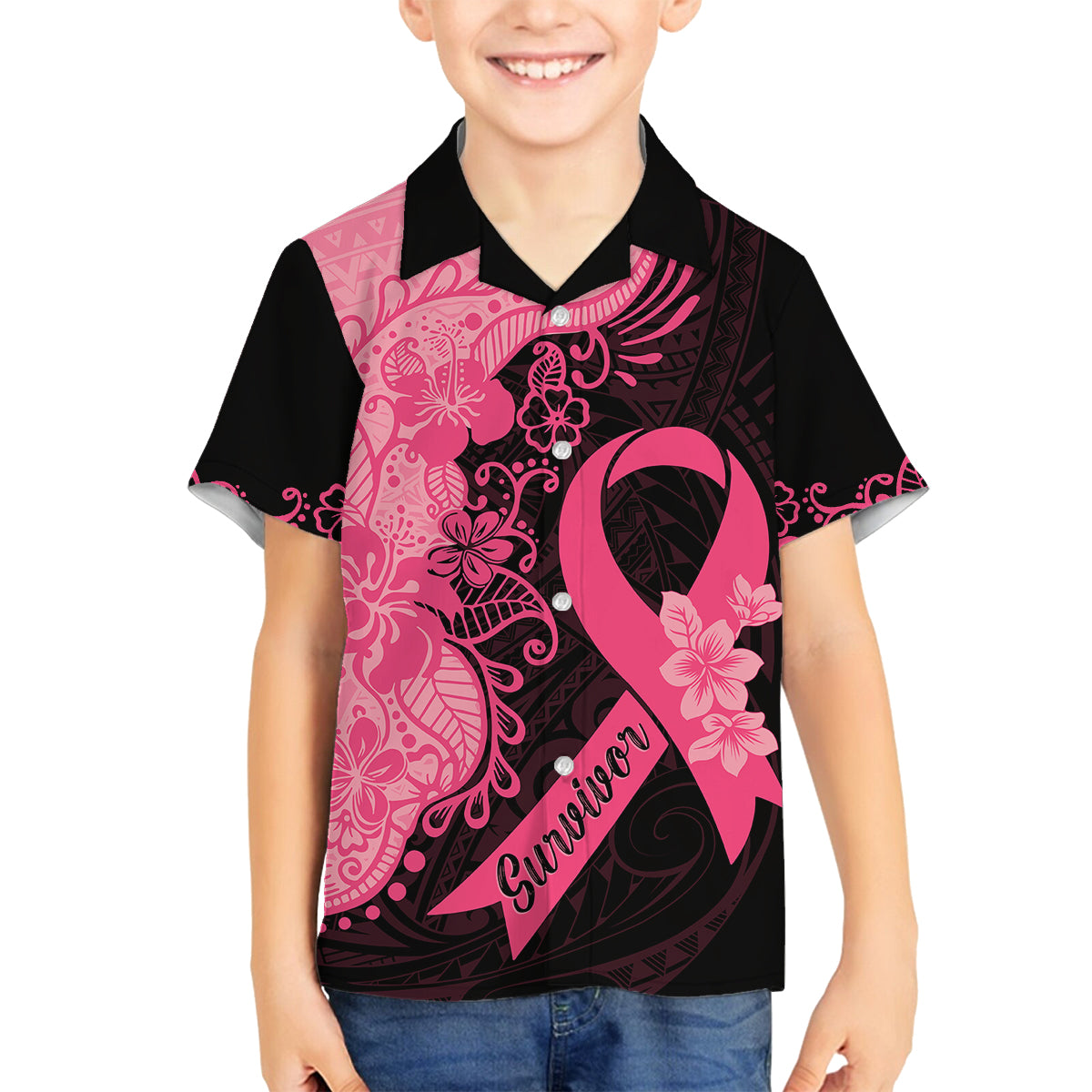 Polynesian Kid Hawaiian Shirt Plumeria Breast Cancer Awareness Survivor Ribbon Pink - Wonder Print Shop
