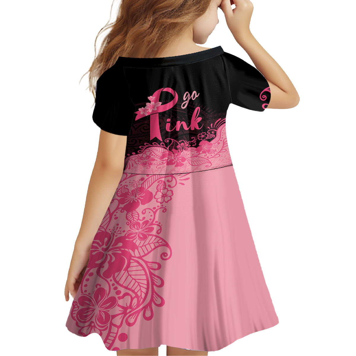 Polynesian Kid Short Sleeve Dress Plumeria Breast Cancer Awareness Survivor Ribbon Pink - Wonder Print Shop