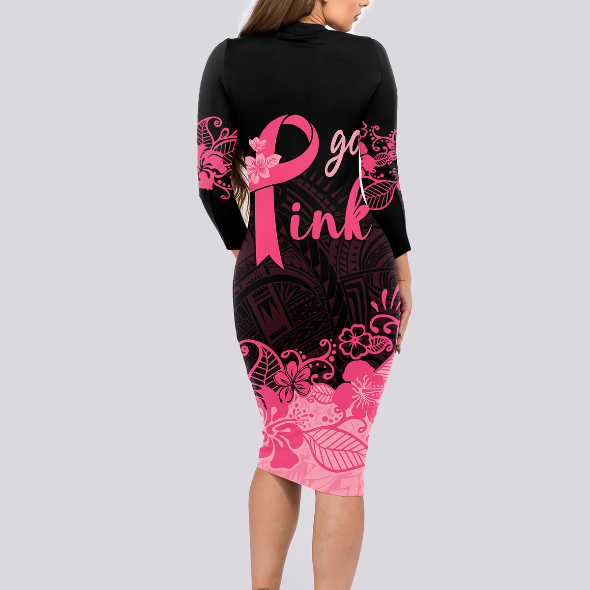 Polynesian Long Sleeve Bodycon Dress Plumeria Breast Cancer Awareness Survivor Ribbon Pink - Wonder Print Shop