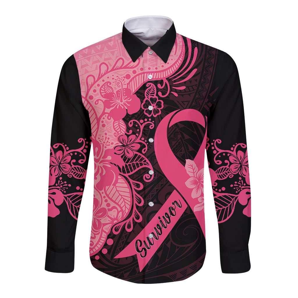 Polynesian Long Sleeve Button Shirt Plumeria Breast Cancer Awareness Survivor Ribbon Pink - Wonder Print Shop
