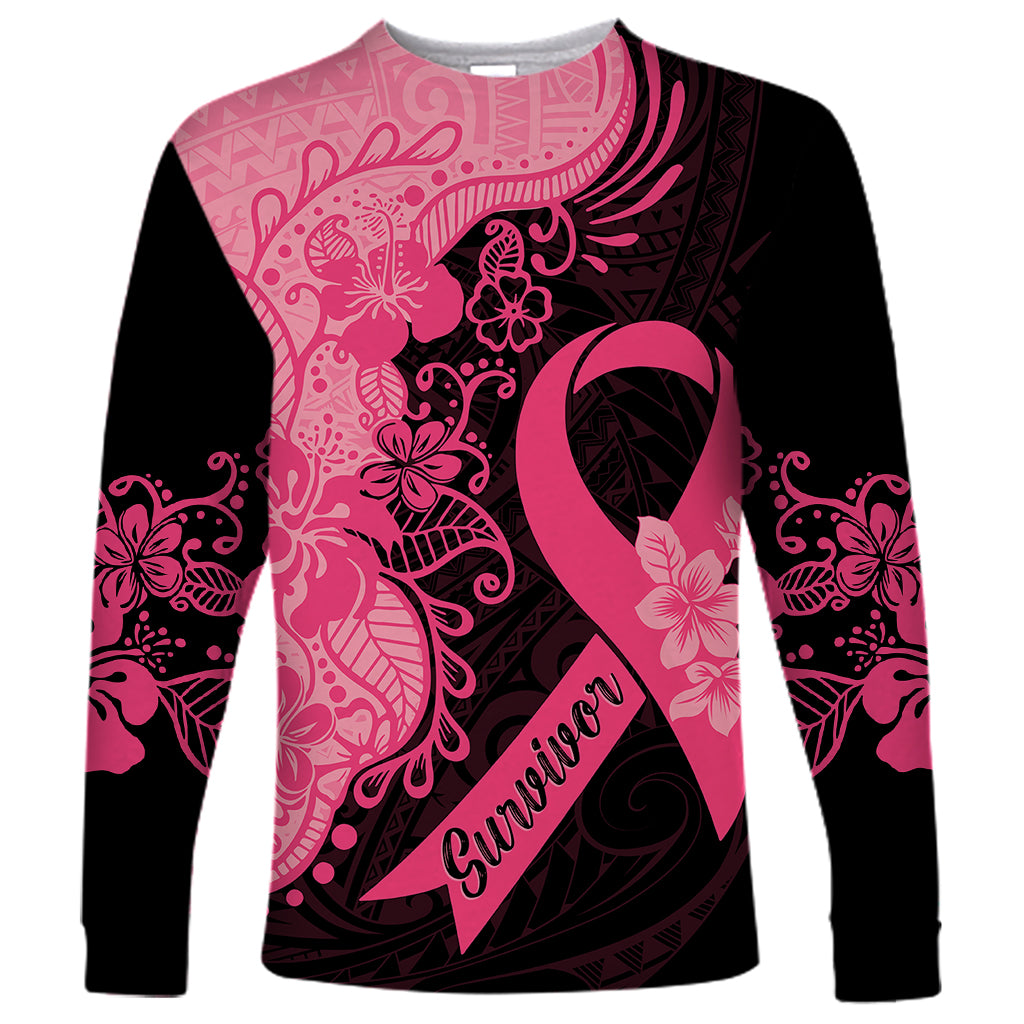 Polynesian Long Sleeve Shirt Plumeria Breast Cancer Awareness Survivor Ribbon Pink - Wonder Print Shop