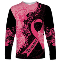 Polynesian Long Sleeve Shirt Plumeria Breast Cancer Awareness Survivor Ribbon Pink - Wonder Print Shop