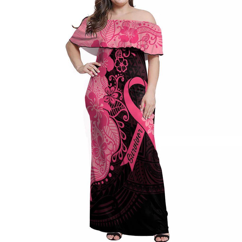 Polynesian Off Shoulder Maxi Dress Plumeria Breast Cancer Awareness Survivor Ribbon Pink - Wonder Print Shop