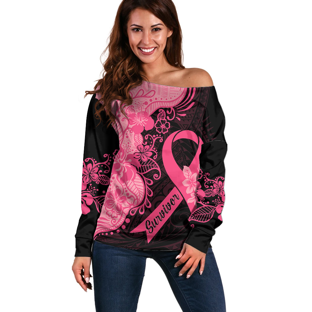 Polynesian Off Shoulder Sweater Plumeria Breast Cancer Awareness Survivor Ribbon Pink - Wonder Print Shop