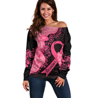 Polynesian Off Shoulder Sweater Plumeria Breast Cancer Awareness Survivor Ribbon Pink - Wonder Print Shop