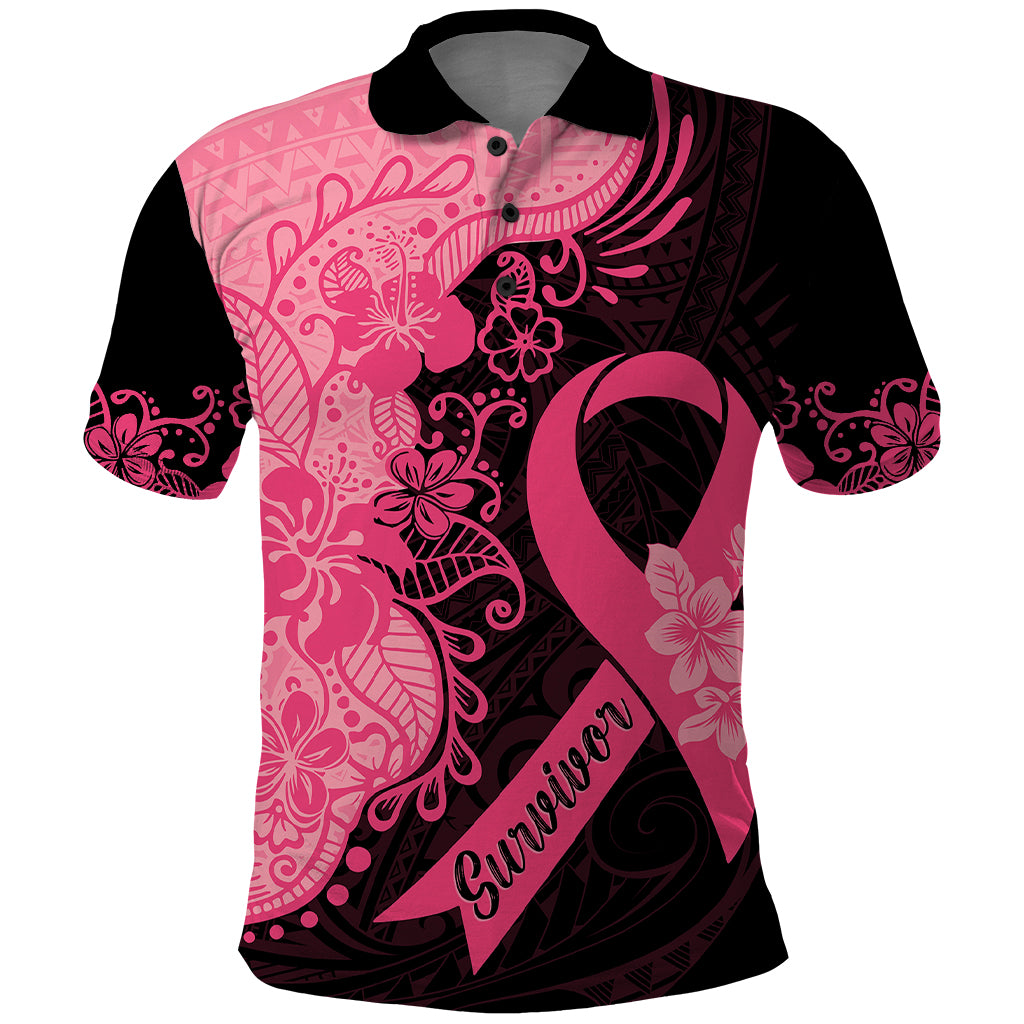 Polynesian Polo Shirt Plumeria Breast Cancer Awareness Survivor Ribbon Pink - Wonder Print Shop