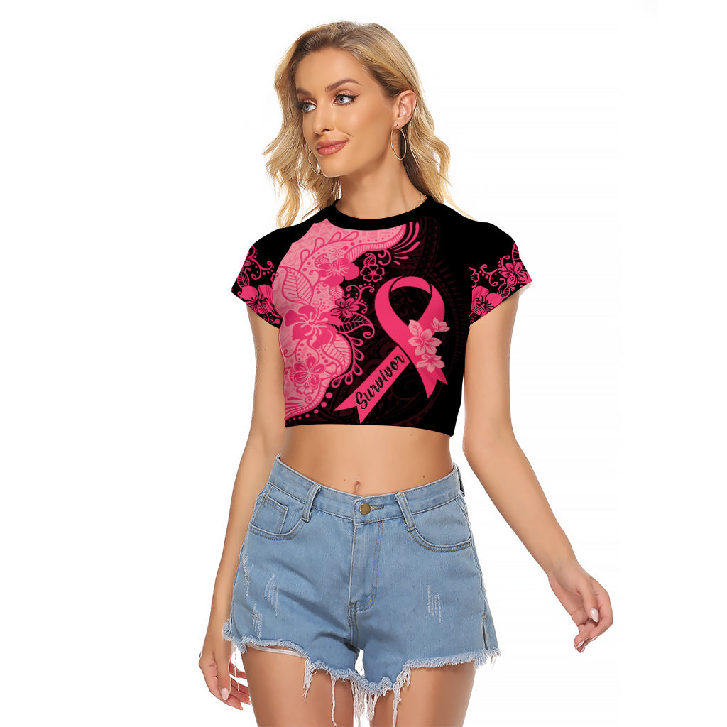 Polynesian Raglan Cropped T Shirt Plumeria Breast Cancer Awareness Survivor Ribbon Pink - Wonder Print Shop
