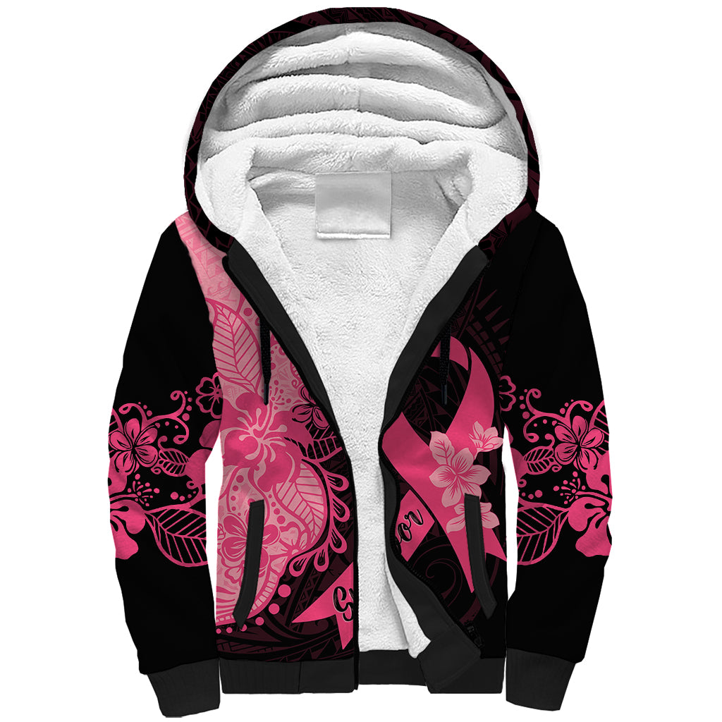 Polynesian Sherpa Hoodie Plumeria Breast Cancer Awareness Survivor Ribbon Pink - Wonder Print Shop