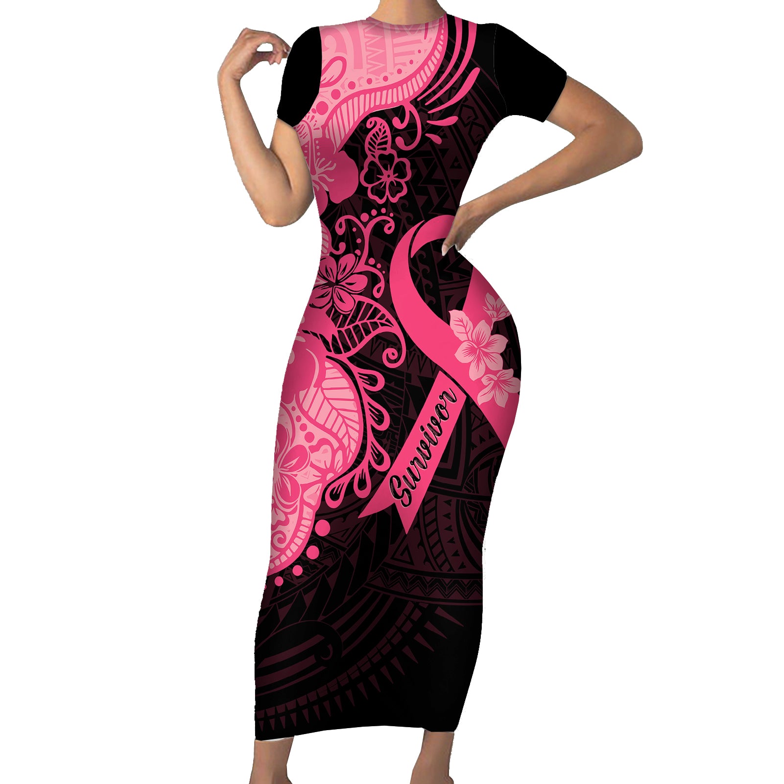 Polynesian Short Sleeve Bodycon Dress Plumeria Breast Cancer Awareness Survivor Ribbon Pink - Wonder Print Shop