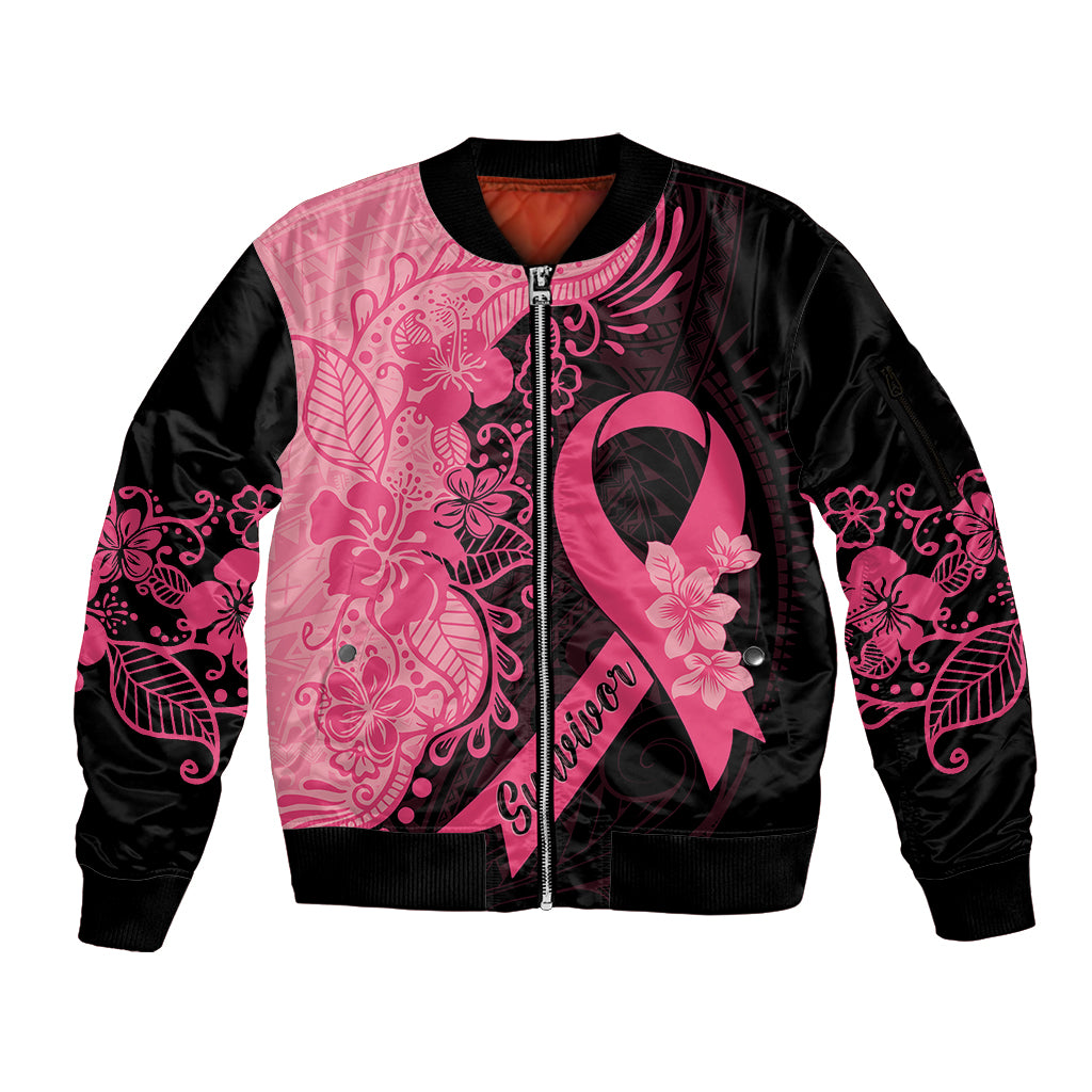 Polynesian Sleeve Zip Bomber Jacket Plumeria Breast Cancer Awareness Survivor Ribbon Pink - Wonder Print Shop