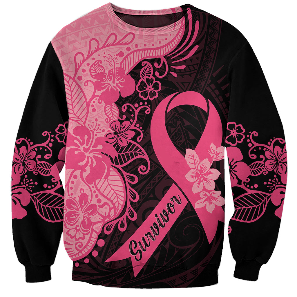 Polynesian Sweatshirt Plumeria Breast Cancer Awareness Survivor Ribbon Pink - Wonder Print Shop