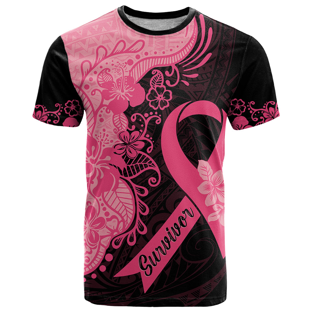 Polynesian T Shirt Plumeria Breast Cancer Awareness Survivor Ribbon Pink - Wonder Print Shop