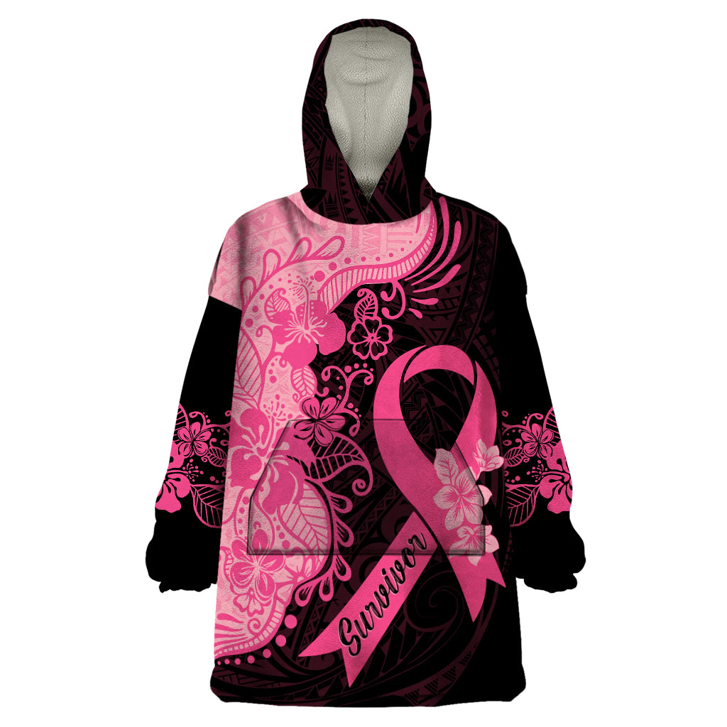Polynesian Wearable Blanket Hoodie Plumeria Breast Cancer Awareness Survivor Ribbon Pink - Wonder Print Shop