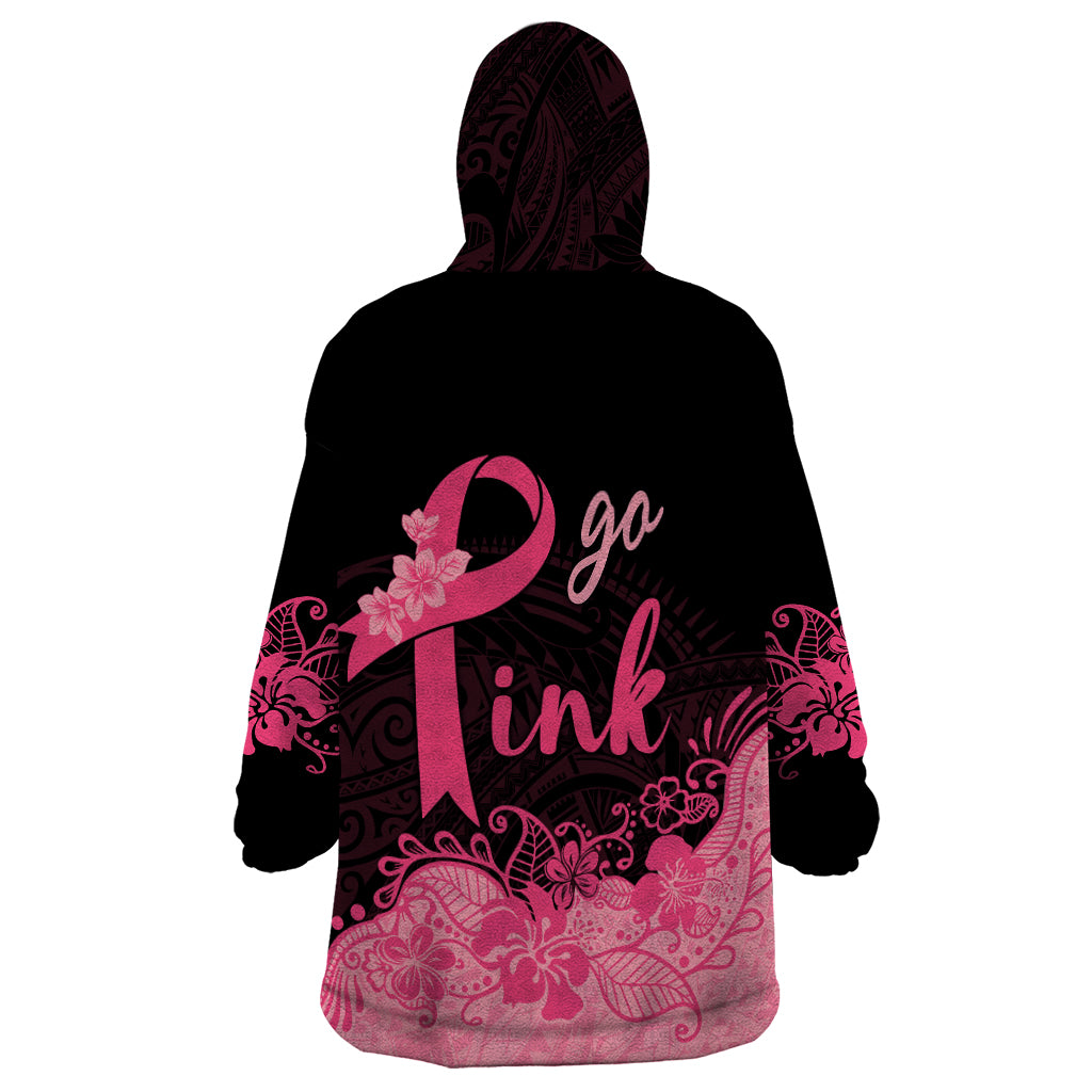 Polynesian Wearable Blanket Hoodie Plumeria Breast Cancer Awareness Survivor Ribbon Pink - Wonder Print Shop