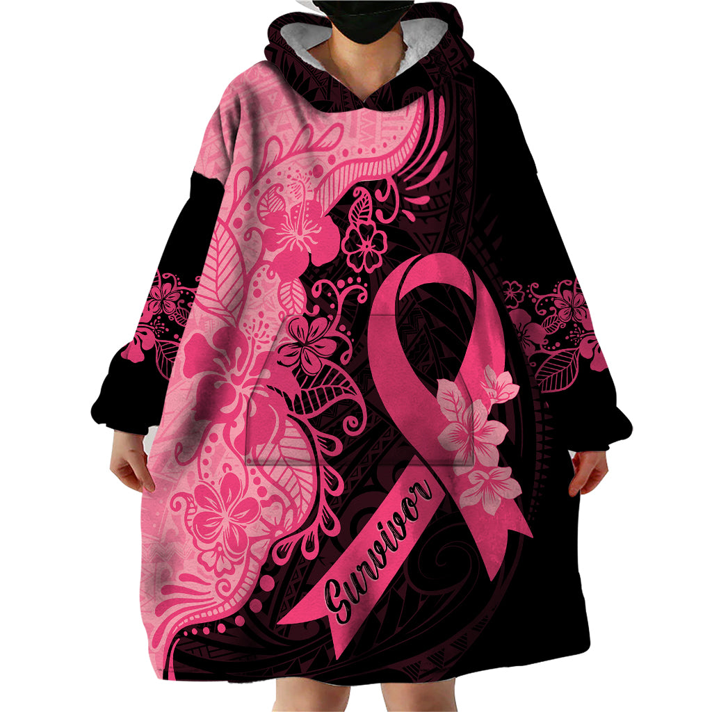 Polynesian Wearable Blanket Hoodie Plumeria Breast Cancer Awareness Survivor Ribbon Pink - Wonder Print Shop