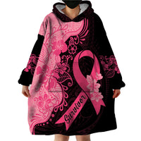 Polynesian Wearable Blanket Hoodie Plumeria Breast Cancer Awareness Survivor Ribbon Pink - Wonder Print Shop