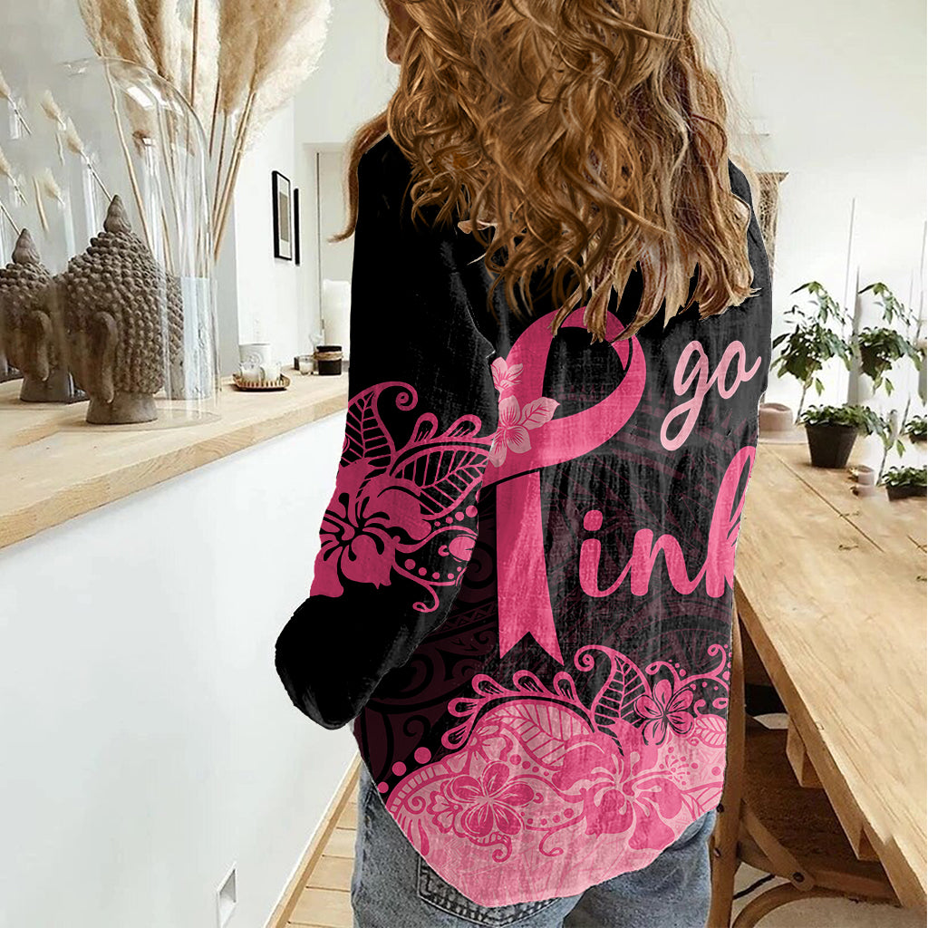 Polynesian Women Casual Shirt Plumeria Breast Cancer Awareness Survivor Ribbon Pink - Wonder Print Shop