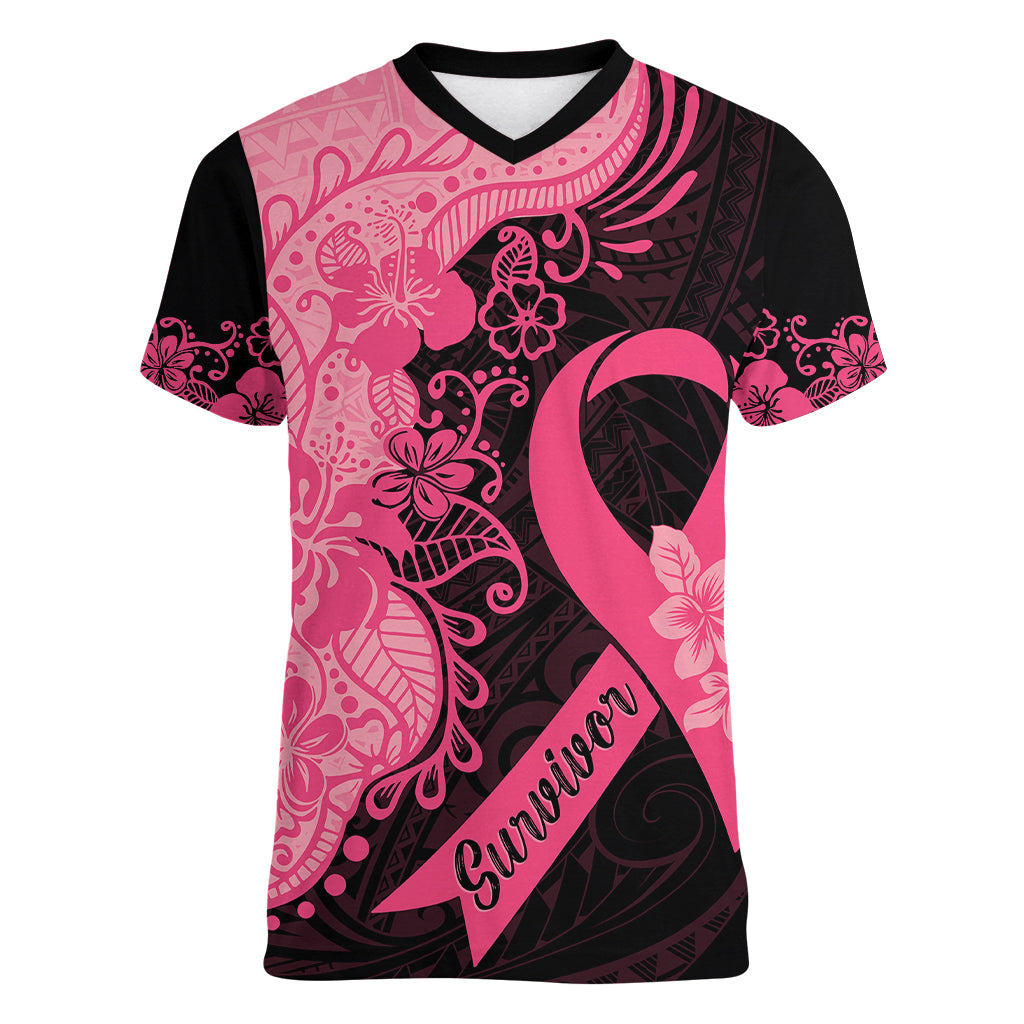 Polynesian Women V Neck T Shirt Plumeria Breast Cancer Awareness Survivor Ribbon Pink - Wonder Print Shop