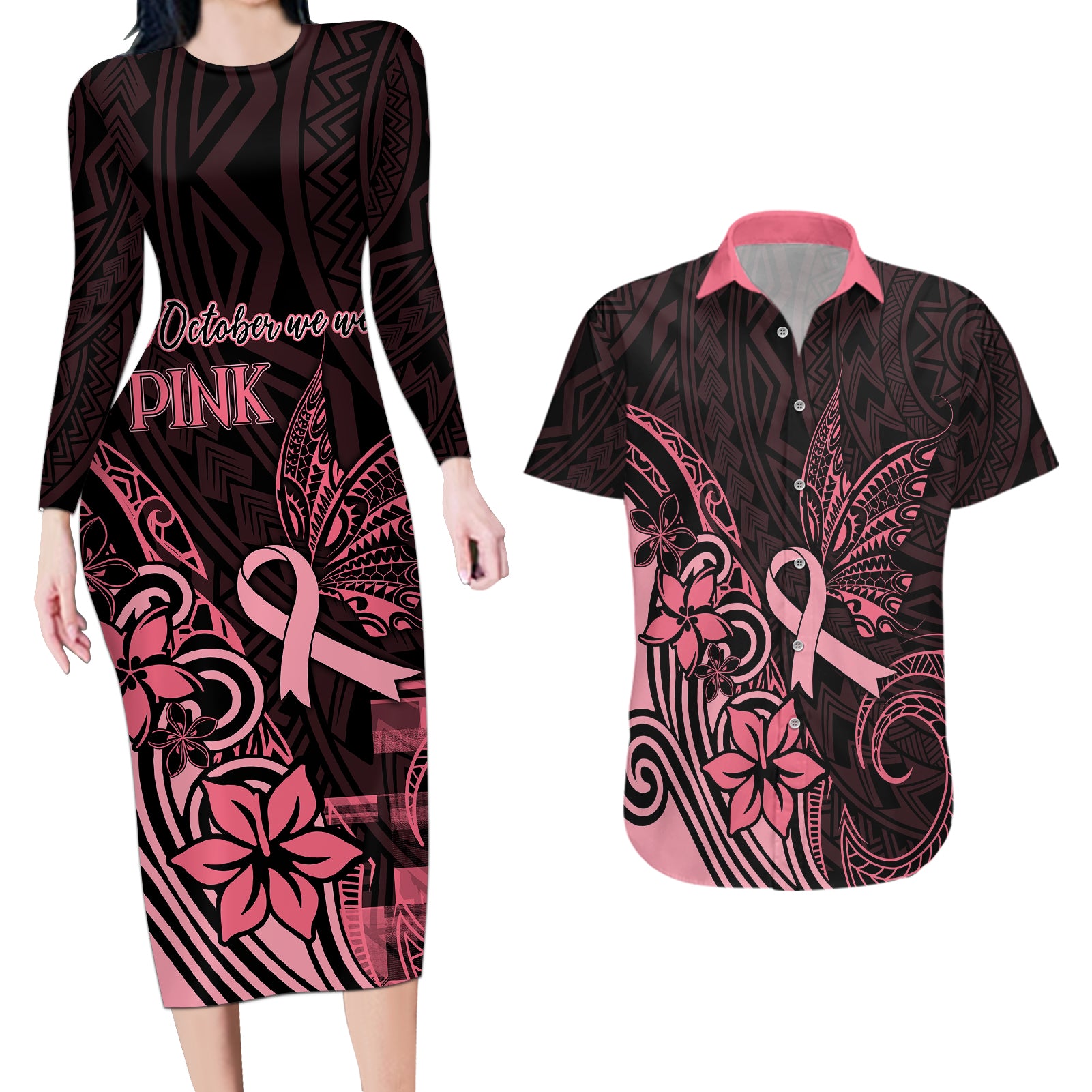 Polynesian Couples Matching Long Sleeve Bodycon Dress and Hawaiian Shirt Breast Cancer RIbbon Butterfly Mix Plumeria Curves Pink LT7 - Wonder Print Shop