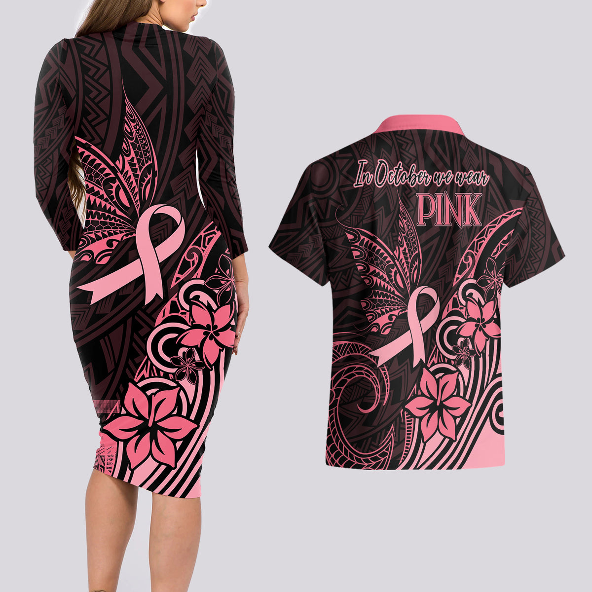 Polynesian Couples Matching Long Sleeve Bodycon Dress and Hawaiian Shirt Breast Cancer RIbbon Butterfly Mix Plumeria Curves Pink LT7 - Wonder Print Shop
