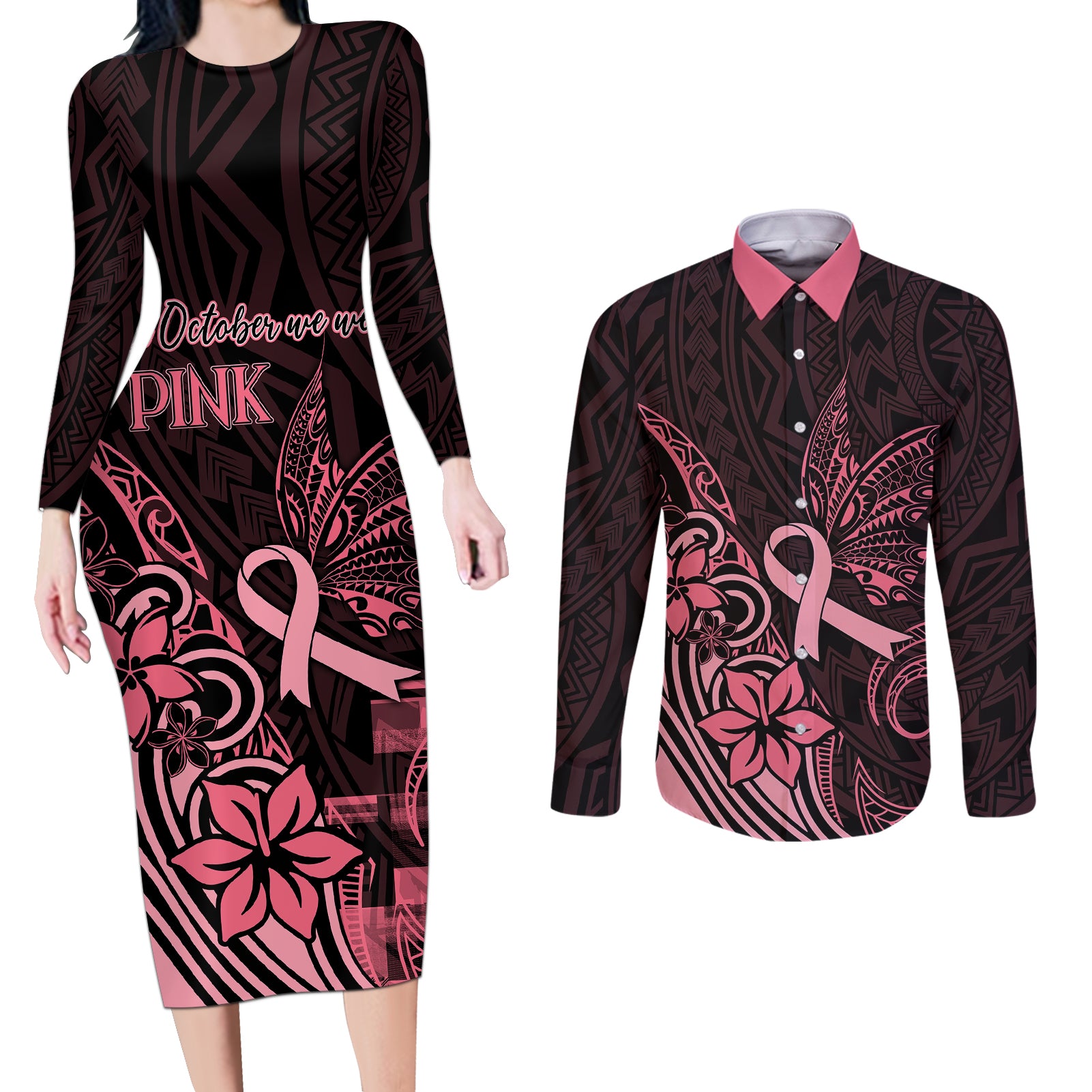 Polynesian Couples Matching Long Sleeve Bodycon Dress and Long Sleeve Button Shirts Breast Cancer RIbbon Butterfly Mix Plumeria Curves Pink LT7 - Wonder Print Shop