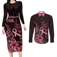 Polynesian Couples Matching Long Sleeve Bodycon Dress and Long Sleeve Button Shirts Breast Cancer RIbbon Butterfly Mix Plumeria Curves Pink LT7 - Wonder Print Shop