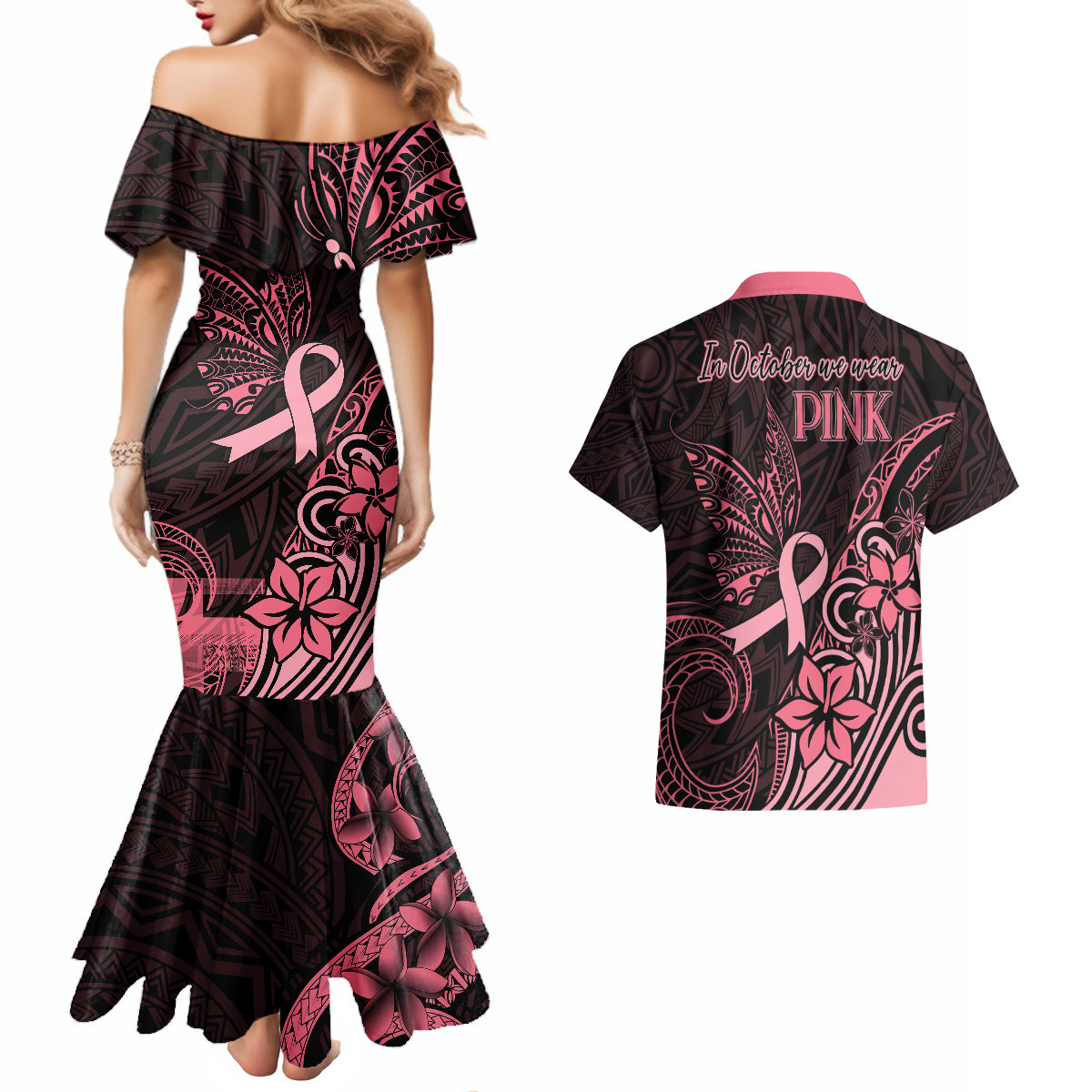Polynesian Couples Matching Mermaid Dress and Hawaiian Shirt Breast Cancer RIbbon Butterfly Mix Plumeria Curves Pink LT7 - Wonder Print Shop
