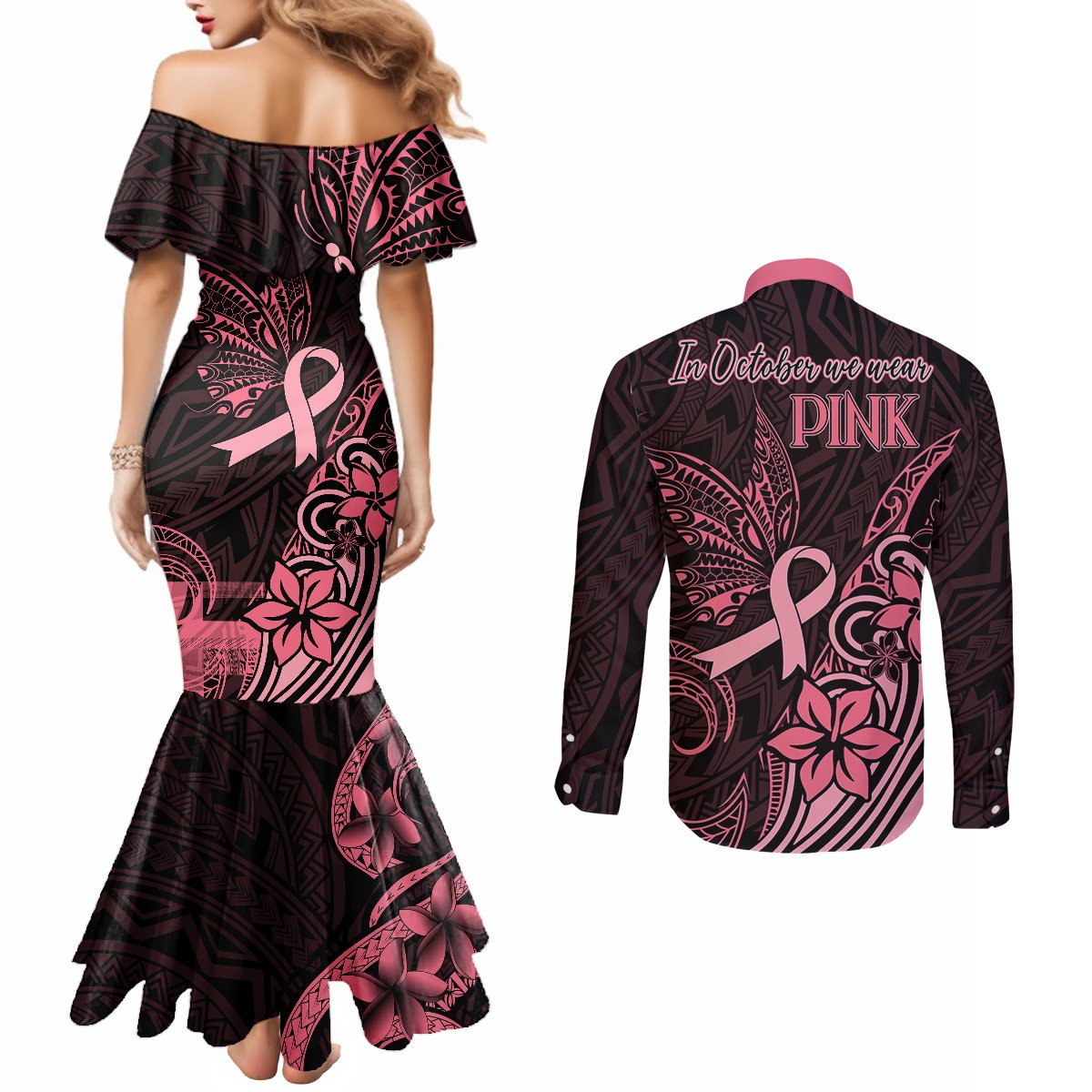 polynesian-couples-matching-mermaid-dress-and-long-sleeve-button-shirts-breast-cancer-ribbon-butterfly-mix-plumeria-curves-pink