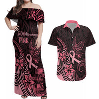 Polynesian Couples Matching Off Shoulder Maxi Dress and Hawaiian Shirt Breast Cancer RIbbon Butterfly Mix Plumeria Curves Pink LT7 - Wonder Print Shop