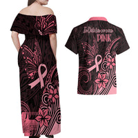 Polynesian Couples Matching Off Shoulder Maxi Dress and Hawaiian Shirt Breast Cancer RIbbon Butterfly Mix Plumeria Curves Pink LT7 - Wonder Print Shop