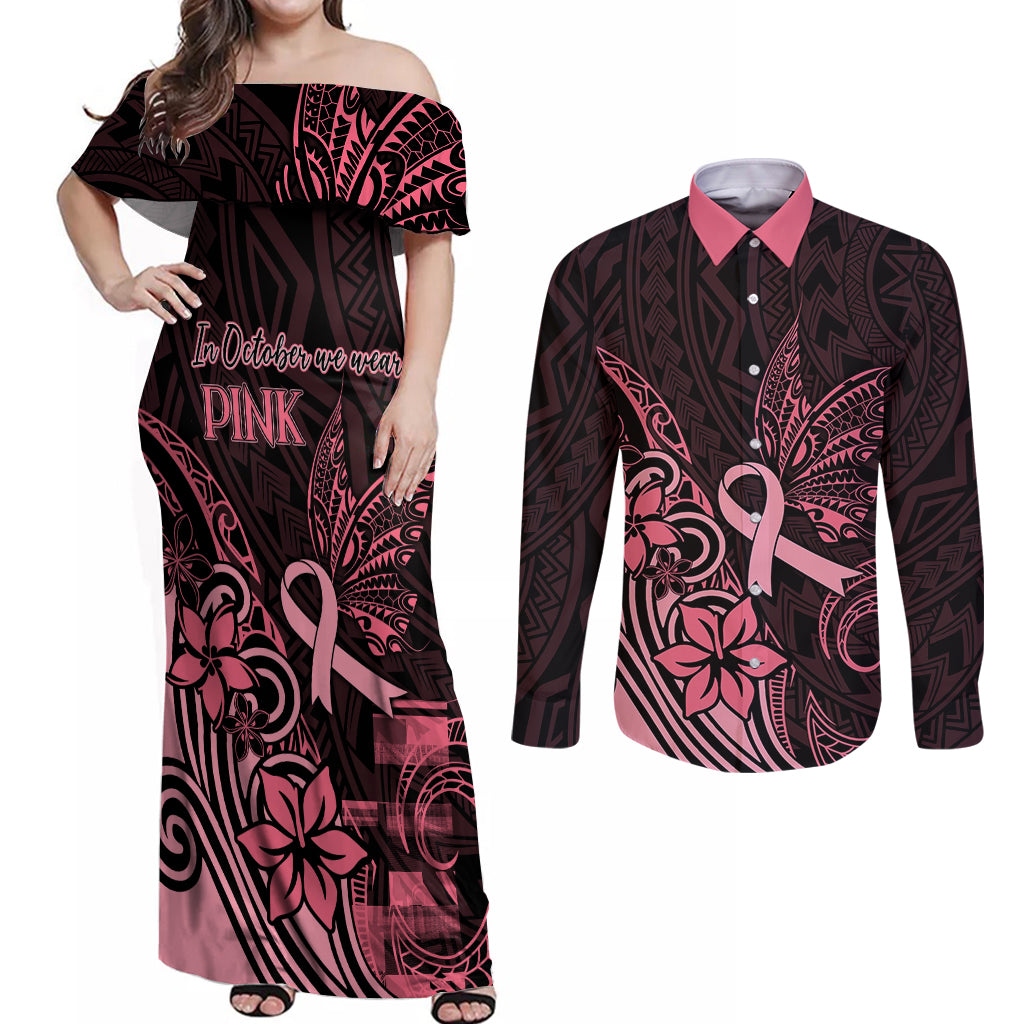 Polynesian Couples Matching Off Shoulder Maxi Dress and Long Sleeve Button Shirts Breast Cancer RIbbon Butterfly Mix Plumeria Curves Pink LT7 - Wonder Print Shop