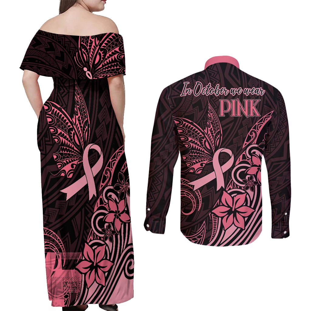 Polynesian Couples Matching Off Shoulder Maxi Dress and Long Sleeve Button Shirts Breast Cancer RIbbon Butterfly Mix Plumeria Curves Pink LT7 - Wonder Print Shop