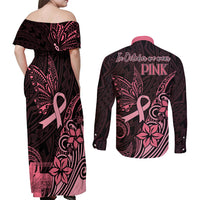 Polynesian Couples Matching Off Shoulder Maxi Dress and Long Sleeve Button Shirts Breast Cancer RIbbon Butterfly Mix Plumeria Curves Pink LT7 - Wonder Print Shop