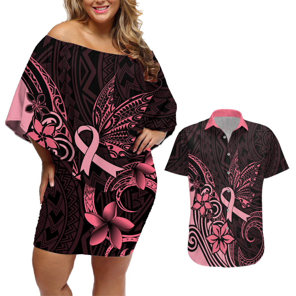 Polynesian Couples Matching Off Shoulder Short Dress and Hawaiian Shirt Breast Cancer RIbbon Butterfly Mix Plumeria Curves Pink LT7 - Wonder Print Shop