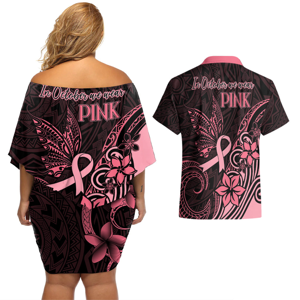 Polynesian Couples Matching Off Shoulder Short Dress and Hawaiian Shirt Breast Cancer RIbbon Butterfly Mix Plumeria Curves Pink LT7 - Wonder Print Shop
