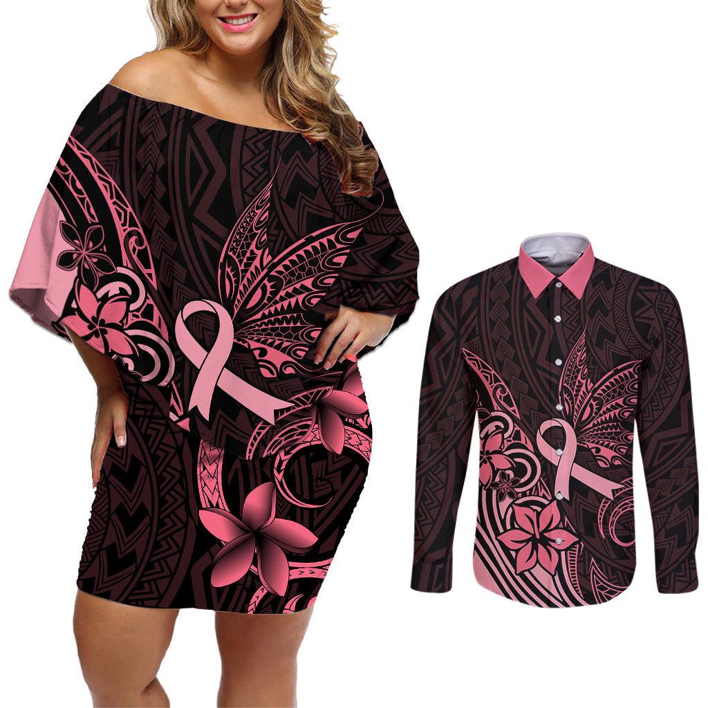Polynesian Couples Matching Off Shoulder Short Dress and Long Sleeve Button Shirts Breast Cancer RIbbon Butterfly Mix Plumeria Curves Pink LT7 - Wonder Print Shop