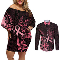 Polynesian Couples Matching Off Shoulder Short Dress and Long Sleeve Button Shirts Breast Cancer RIbbon Butterfly Mix Plumeria Curves Pink LT7 - Wonder Print Shop