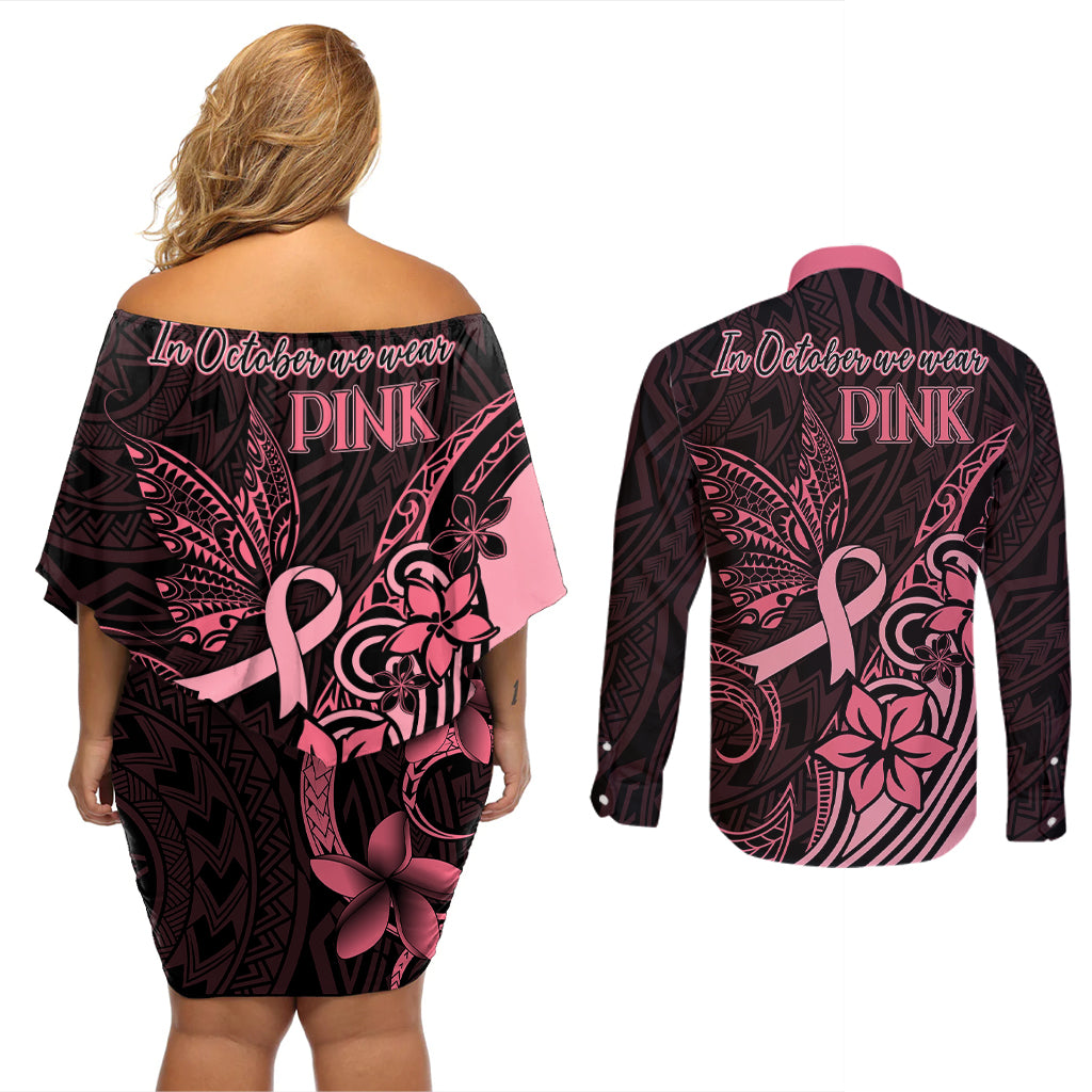 Polynesian Couples Matching Off Shoulder Short Dress and Long Sleeve Button Shirts Breast Cancer RIbbon Butterfly Mix Plumeria Curves Pink LT7 - Wonder Print Shop