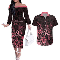 Polynesian Couples Matching Off The Shoulder Long Sleeve Dress and Hawaiian Shirt Breast Cancer RIbbon Butterfly Mix Plumeria Curves Pink LT7 - Wonder Print Shop