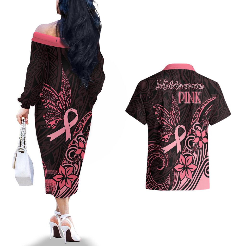 Polynesian Couples Matching Off The Shoulder Long Sleeve Dress and Hawaiian Shirt Breast Cancer RIbbon Butterfly Mix Plumeria Curves Pink LT7 - Wonder Print Shop