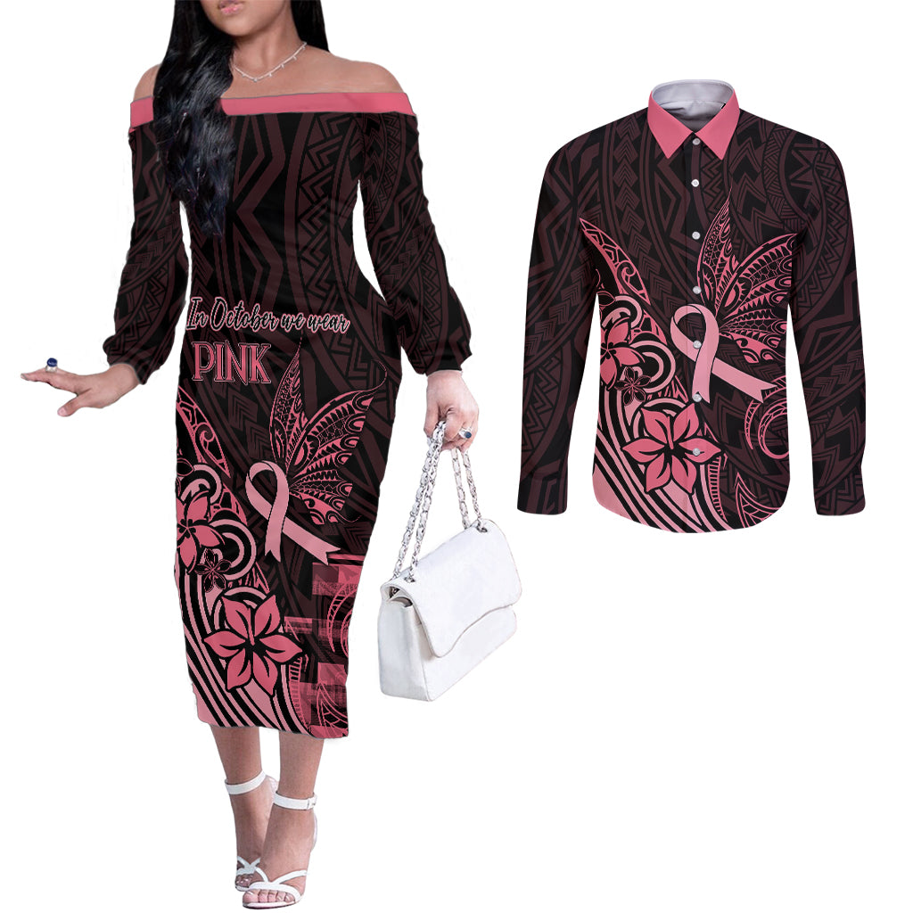 polynesian-couples-matching-off-the-shoulder-long-sleeve-dress-and-long-sleeve-button-shirts-breast-cancer-ribbon-butterfly-mix-plumeria-curves-pink