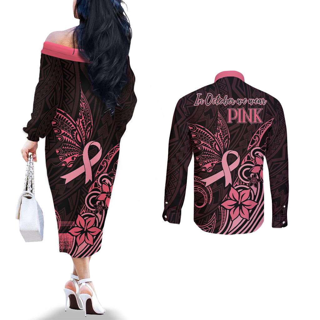 polynesian-couples-matching-off-the-shoulder-long-sleeve-dress-and-long-sleeve-button-shirts-breast-cancer-ribbon-butterfly-mix-plumeria-curves-pink
