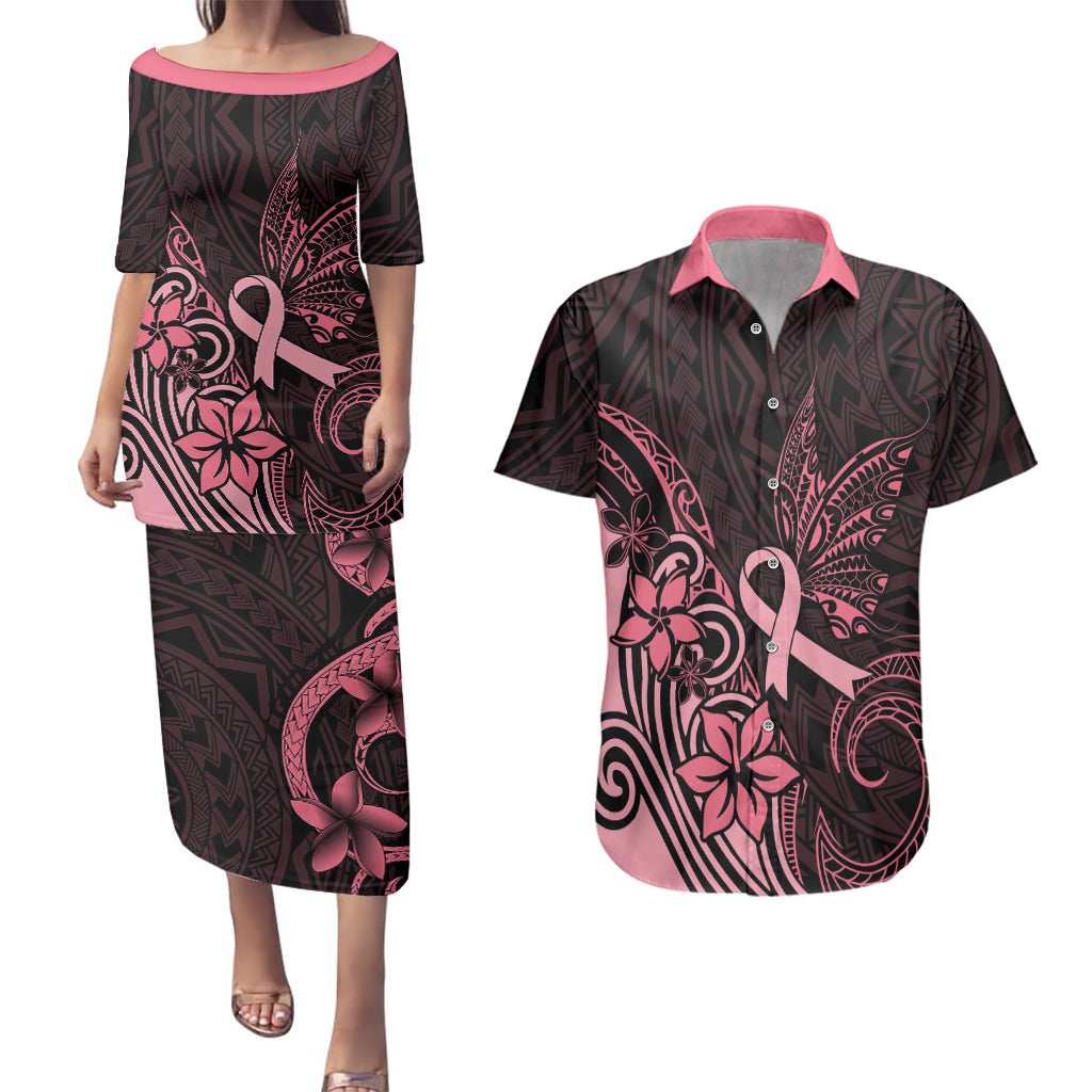 Polynesian Couples Matching Puletasi Dress and Hawaiian Shirt Breast Cancer RIbbon Butterfly Mix Plumeria Curves Pink LT7 - Wonder Print Shop
