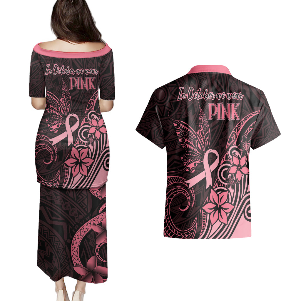 Polynesian Couples Matching Puletasi Dress and Hawaiian Shirt Breast Cancer RIbbon Butterfly Mix Plumeria Curves Pink LT7 - Wonder Print Shop