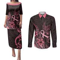 Polynesian Couples Matching Puletasi Dress and Long Sleeve Button Shirts Breast Cancer RIbbon Butterfly Mix Plumeria Curves Pink LT7 - Wonder Print Shop