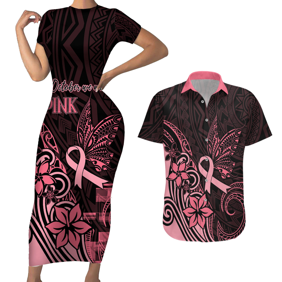Polynesian Couples Matching Short Sleeve Bodycon Dress and Hawaiian Shirt Breast Cancer RIbbon Butterfly Mix Plumeria Curves Pink LT7 - Wonder Print Shop