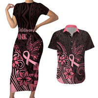 Polynesian Couples Matching Short Sleeve Bodycon Dress and Hawaiian Shirt Breast Cancer RIbbon Butterfly Mix Plumeria Curves Pink LT7 - Wonder Print Shop